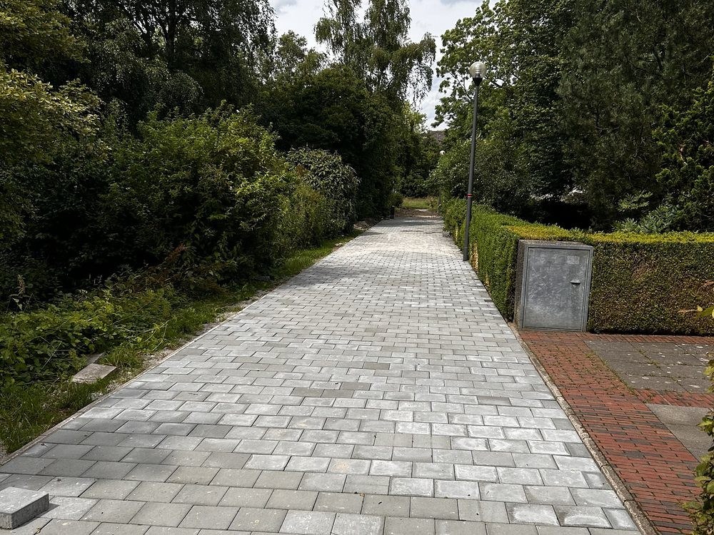 Gepflasterter Weg mit Randeinfassung zwischen Grünflächen